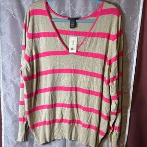 Lane Bryant V-Neck Sweater with Pink and Tan Stripes